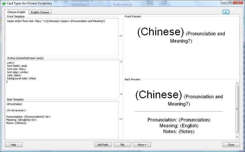 The left part of the window allows us to design the layout of our front and backside templates and decide which fields from our Note type go where.