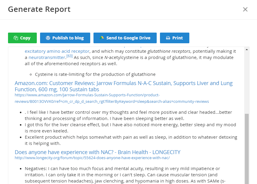 Generate a report to aggregate all information that matters for your research question.