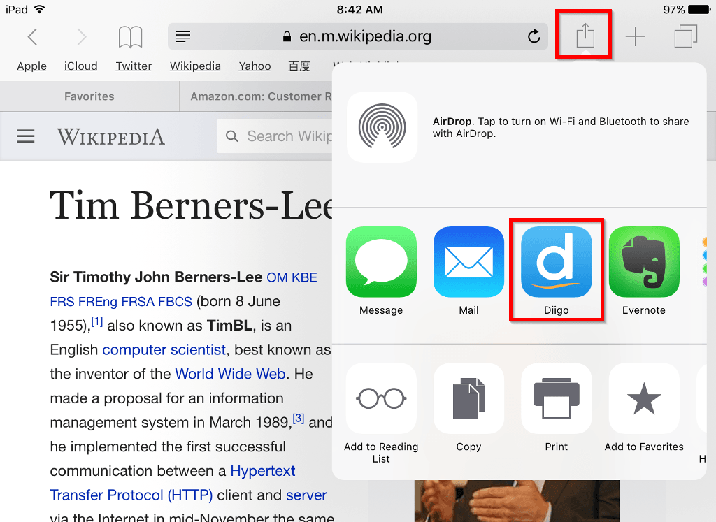 Diigo bookmarking on iOS.